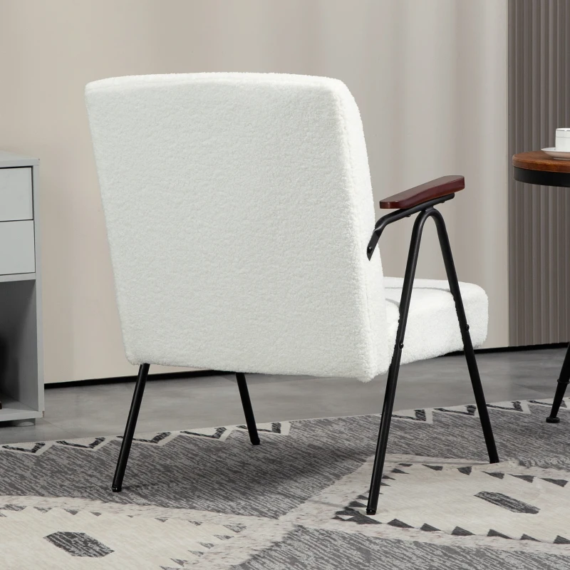 HOMCOM Modern Armchair, Upholstered Teddy Fleece Accent Chair with Wood Arms and Steel Frame for Living Room, Bedroom, White