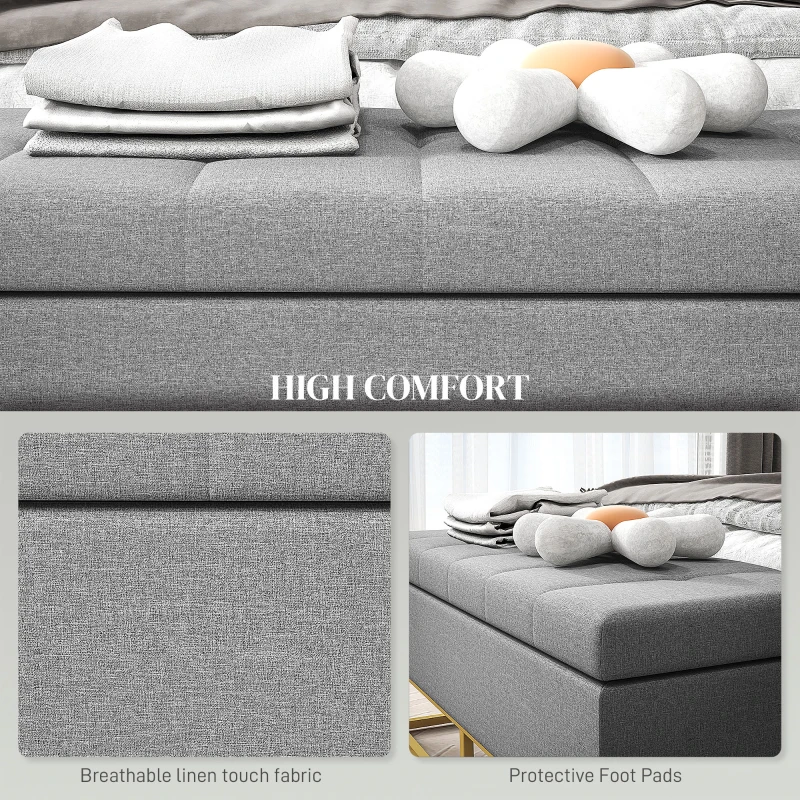 HOMCOM Flip Top Storage Ottoman, Upholstered Storage Bench, Linen Fabric Footstool for Living Room, Bedroom, Grey