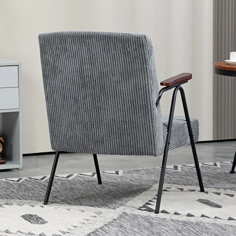 HOMCOM Modern Armchair, Upholstered Corduroy Accent Chair with Wood Arms and Steel Frame for Living Room, Bedroom, Grey