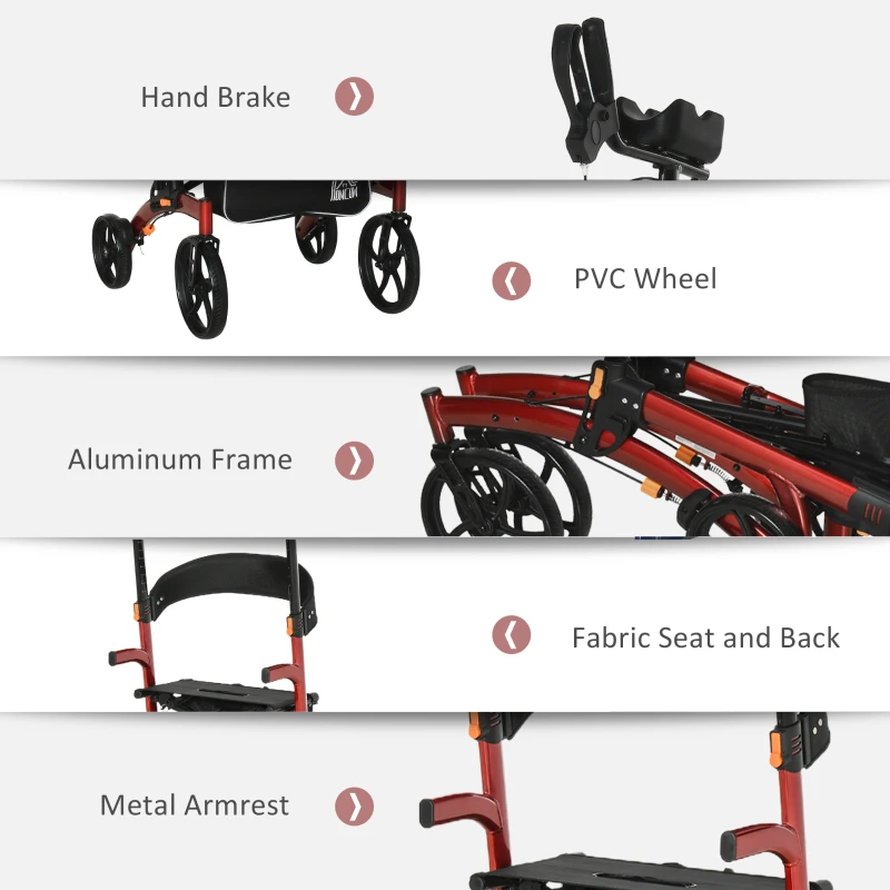 HOMCOM Aluminum Upright Walker with 10'' Wheels, Seat and Backrest, Folding Rollator Walker with Storage Bag, Red