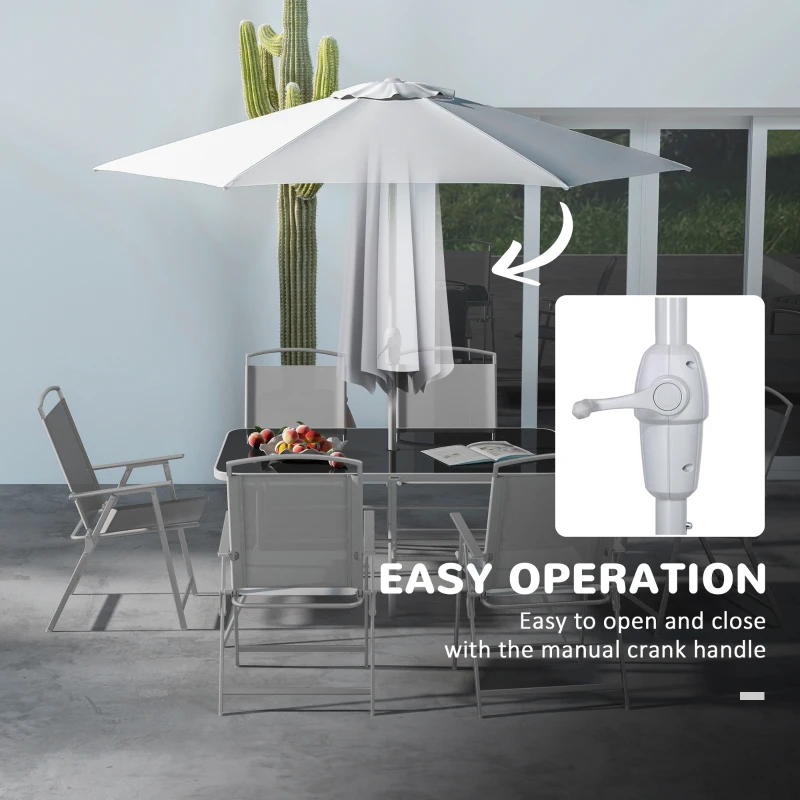 Outsunny 8 Piece Patio Set with Umbrella, 6 Folding Chairs, Rectangle Table, Outdoor Dining Set for 6 with Mesh Seat, Grey