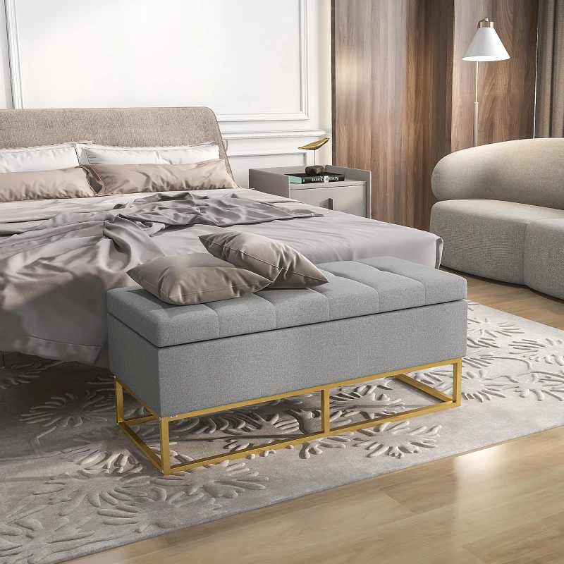 HOMCOM Flip Top Storage Ottoman, Upholstered Storage Bench, Linen Fabric Footstool for Living Room, Bedroom, Grey