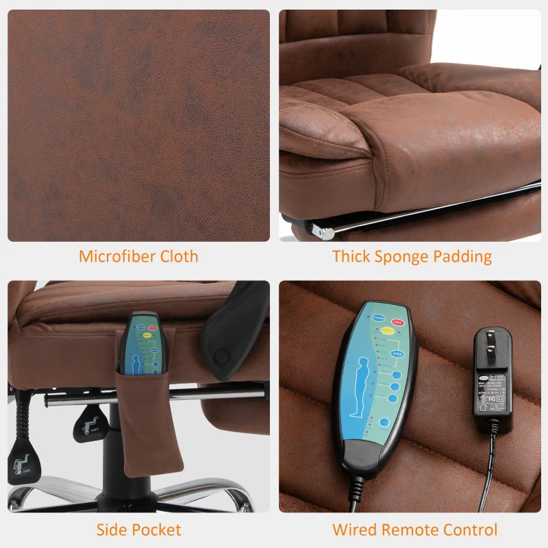 Vinsetto Office Chair 6-point Vibration Massage Chair Micro Fiber Recliner with Retractable Footrest Brown