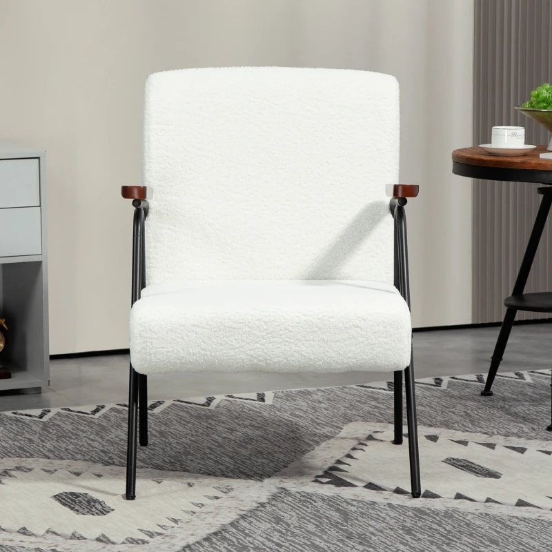 HOMCOM Modern Armchair, Upholstered Teddy Fleece Accent Chair with Wood Arms and Steel Frame for Living Room, Bedroom, White