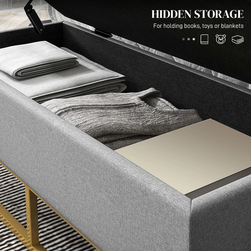 HOMCOM Flip Top Storage Ottoman, Upholstered Storage Bench, Linen Fabric Footstool for Living Room, Bedroom, Grey