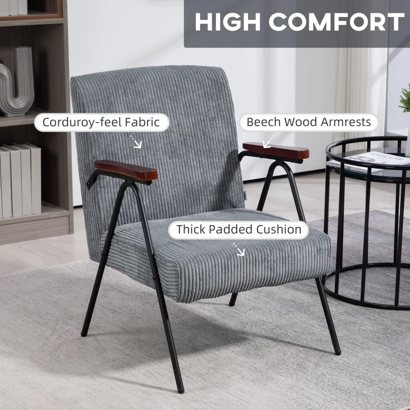 HOMCOM Modern Armchair, Upholstered Corduroy Accent Chair with Wood Arms and Steel Frame for Living Room, Bedroom, Grey