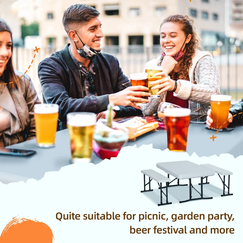 Outsunny 40" Folding Picnic Table Set, 2 Benches, 3-Piece Outdoor German Style Biergarten Foldable Beer Table, Lightweight Plastic, White