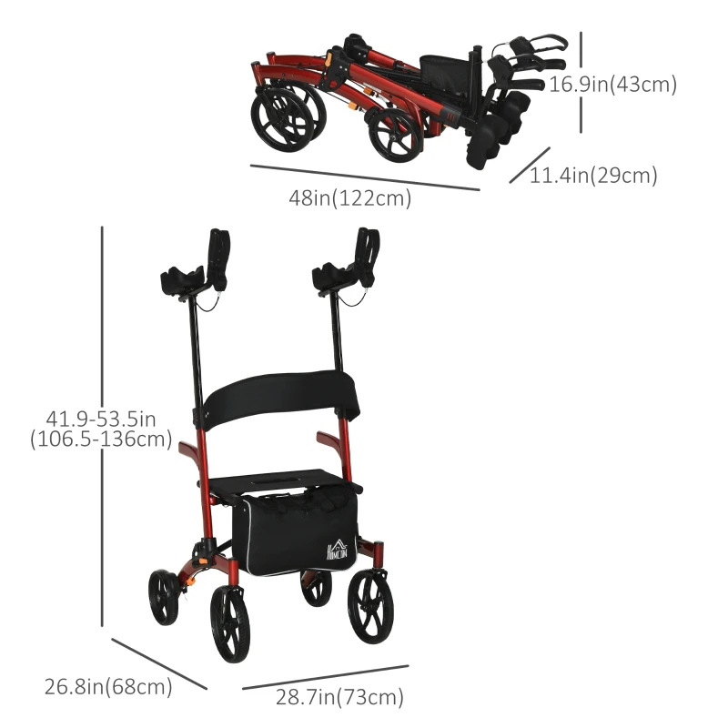 HOMCOM Aluminum Upright Walker with 10'' Wheels, Seat and Backrest, Folding Rollator Walker with Storage Bag, Red