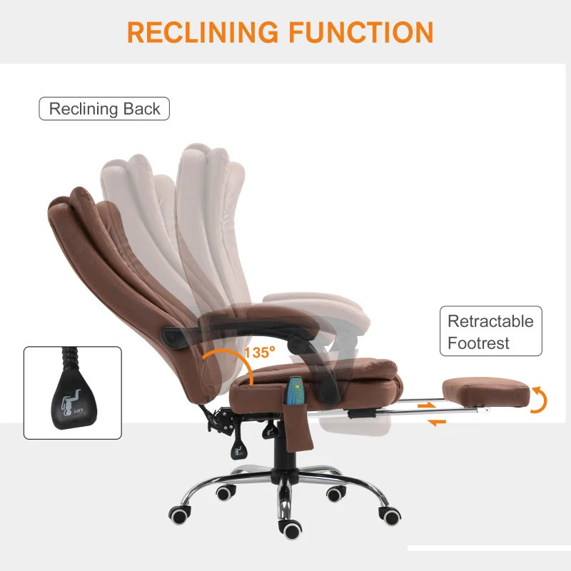 Vinsetto Office Chair 6-point Vibration Massage Chair Micro Fiber Recliner with Retractable Footrest Brown