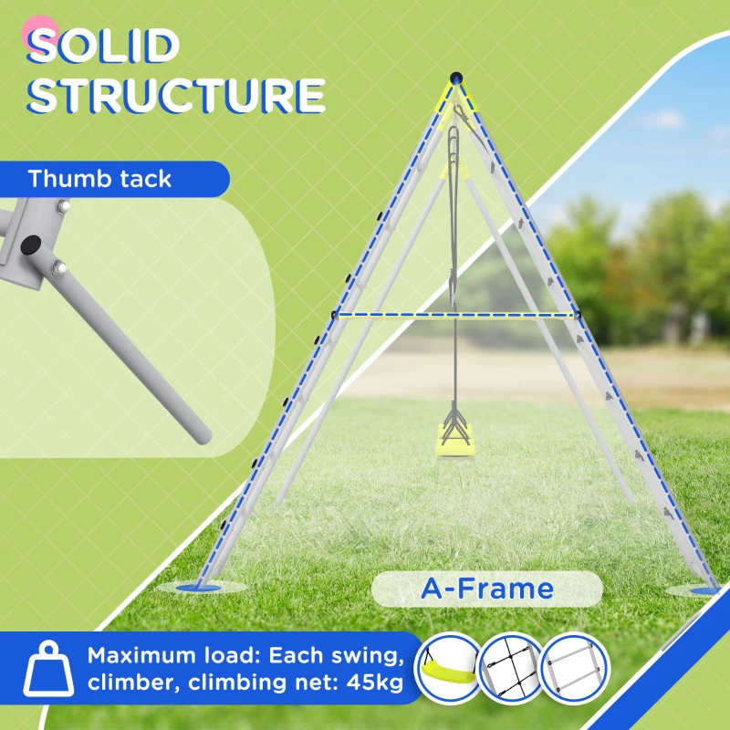 Outsunny 4 in 1 Metal Swing Set with Double Swings, Climber, Climbing Net for Kids, Toddlers, Backyard, Outdoor, Playground