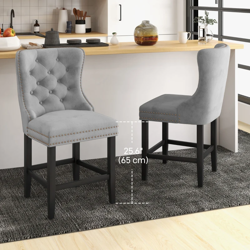 HOMCOM Upholstered Fabric Bar Stool Set of 2, Button Tufted 25.6" Seat Height Counter Chairs with Back & Wood Legs, Grey