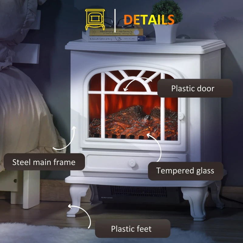 HOMCOM Freestanding Electric Fireplace Heater, Fireplace Stove with Realistic Flame Effect and Adjustable Temperature, Overheat Safety Protection, 750W/1500W, White