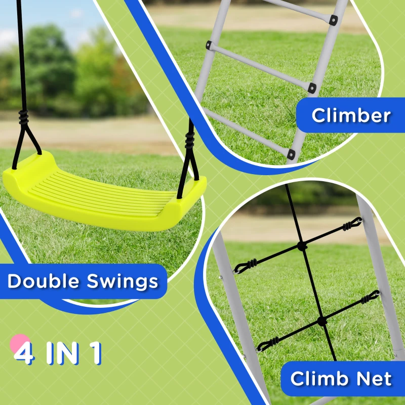 Outsunny 4 in 1 Metal Swing Set with Double Swings, Climber, Climbing Net for Kids, Toddlers, Backyard, Outdoor, Playground