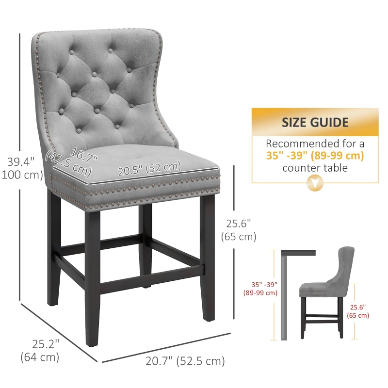 HOMCOM Upholstered Fabric Bar Stool Set of 2, Button Tufted 25.6" Seat Height Counter Chairs with Back & Wood Legs, Grey