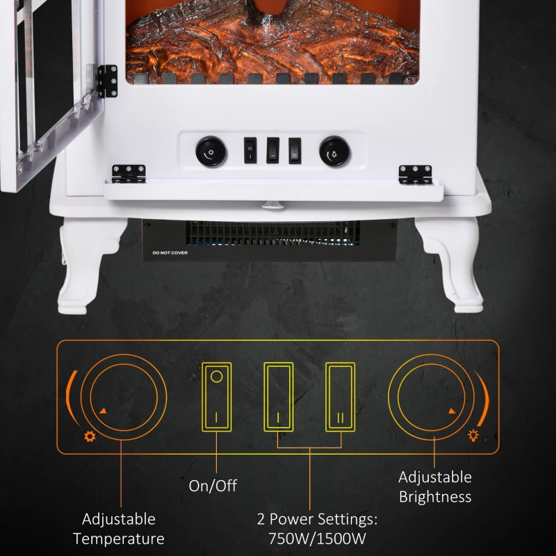 HOMCOM Freestanding Electric Fireplace Heater, Fireplace Stove with Realistic Flame Effect and Adjustable Temperature, Overheat Safety Protection, 750W/1500W, White