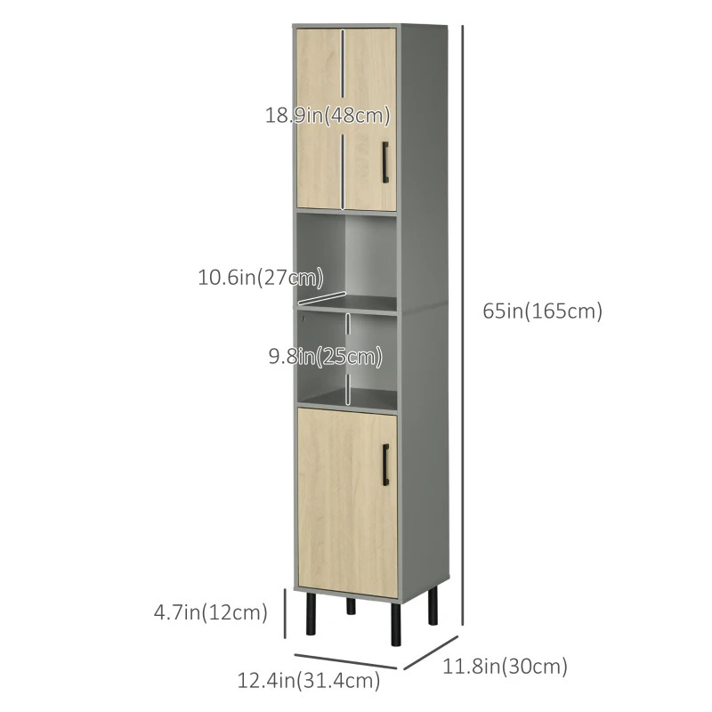 kleankin Tall Bathroom Storage, Linen Tower, Bathroom Cabinet with Doors, Shelves for Living Room Kitchen, 12.4"x11.8"x65"