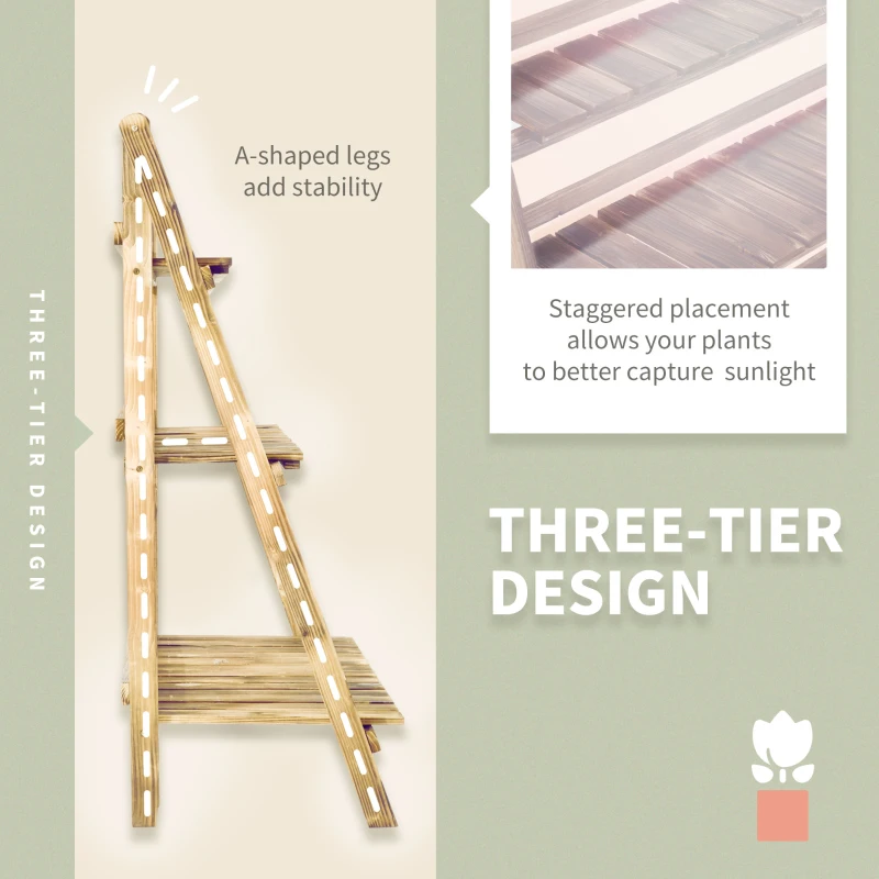 Outsunny Outdoor Plant Stand, Foldable Flower Stand 3-Tier Wooden Plant Shelf for Garden Indoor Outdoor, 32" x 14" x 37"