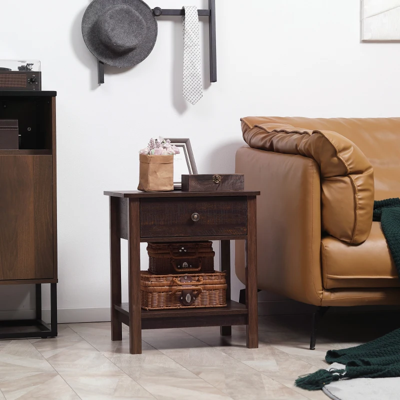 HOMCOM End Table with Drawer, Side Table with Top and Bottom Shelf for Small Spaces, Dark Brown