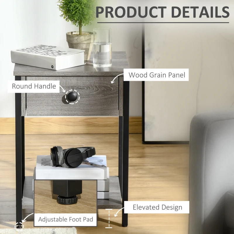 HOMCOM Industrial Side Table, End Table with Drawer and Storage Shelf for Living Room, Gray