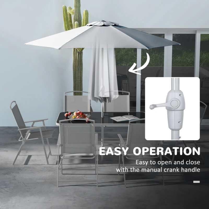 Outsunny 8 Piece Outdoor Dining Set, Patio Furniture Set with Umbrella, 6 Folding Chairs, Rectangle Table and Mesh Seat, Gray