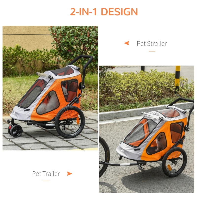 Aosom Dog Bike Trailer 2-In-1 Pet Stroller Cart Bicycle Wagon Cargo Carrier Attachment for Travel with 360 Swivel Wheel Reflectors Parking Brake Straps Cup Holder Orange