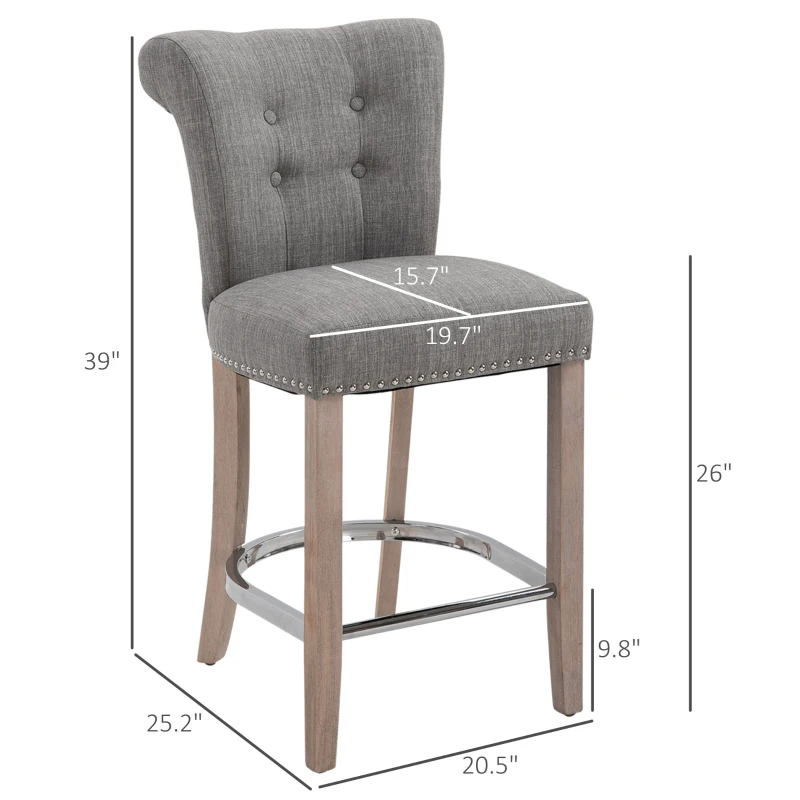 HOMCOM 26"Counter Height Bar Stools Set of 2, Linen Upholstered Tufted Dining Chairs with Steel Footrest, and Solid Wood Legs, Grey