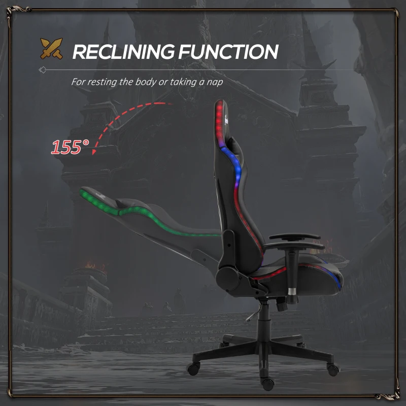 Vinsetto High Back Gaming Chair with RGB LED Lights, Adjustable Arms, and Lumbar Support, Racing Office Computer Chair with Head Pillow, Black