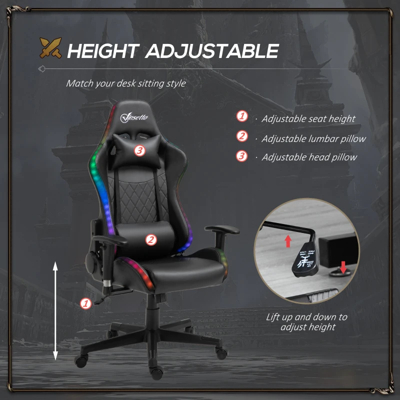 Vinsetto High Back Gaming Chair with RGB LED Lights, Adjustable Arms, and Lumbar Support, Racing Office Computer Chair with Head Pillow, Black