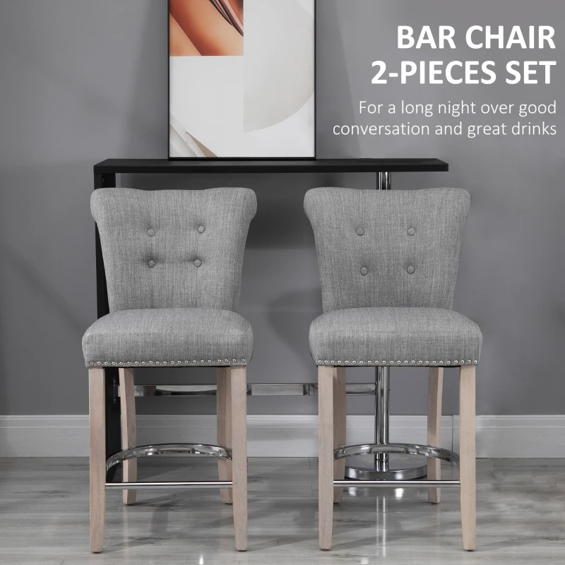 HOMCOM 26"Counter Height Bar Stools Set of 2, Linen Upholstered Tufted Dining Chairs with Steel Footrest, and Solid Wood Legs, Grey