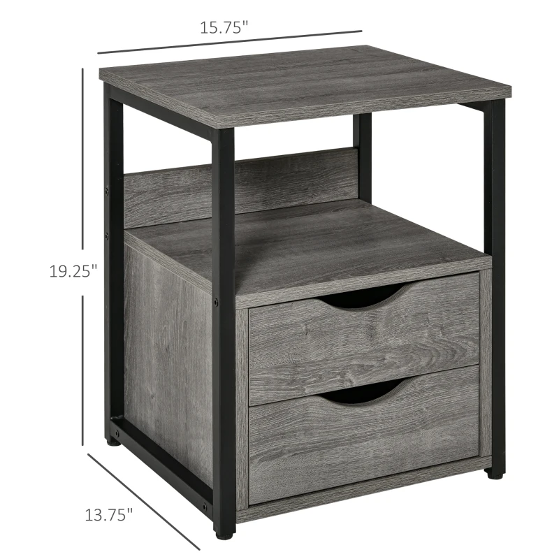 HOMCOM Industrial End Table with 2 Drawers and Open Shelf, Side Table for Living Room, Gray