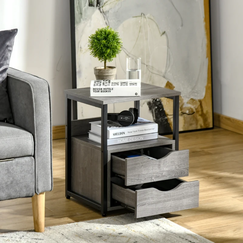 HOMCOM Industrial End Table with 2 Drawers and Open Shelf, Side Table for Living Room, Gray