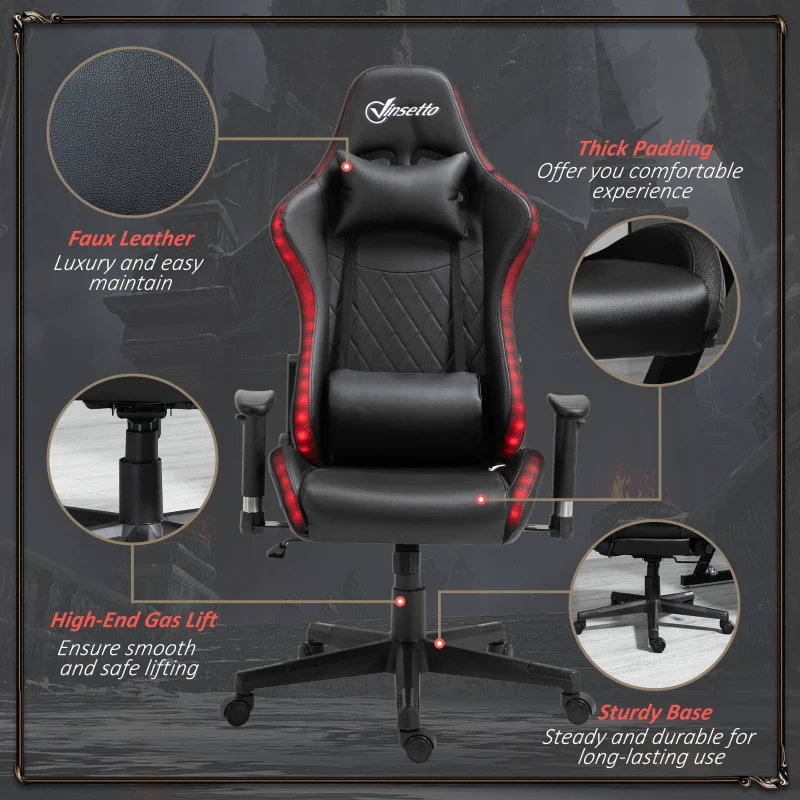 Vinsetto High Back Gaming Chair with RGB LED Lights, Adjustable Arms, and Lumbar Support, Racing Office Computer Chair with Head Pillow, Black