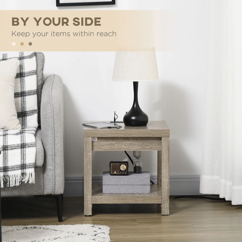 HOMCOM Storage End Table with Charging Station, Small Side Table, End Table USB Ports and Outlets, 17.75"x17.75"x17.75", Gray