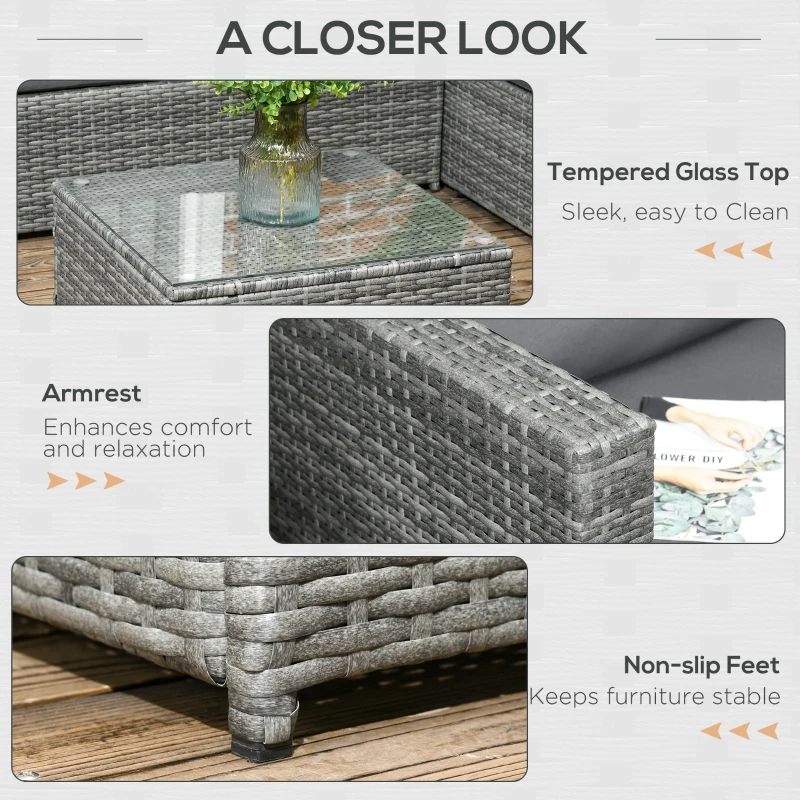 Outsunny 3 Pieces Rattan Wicker Outdoor Conversation Furniture Set w/ Loveseats Coffee Table Cushions for Garden, Patio, Grey