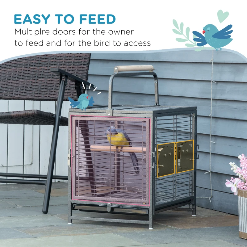 PawHut 18" Parrot Travel Carrier, Heavy Duty Wrought Iron Travel Bird Cage Carrier With Handle Perch And Accessories, Black