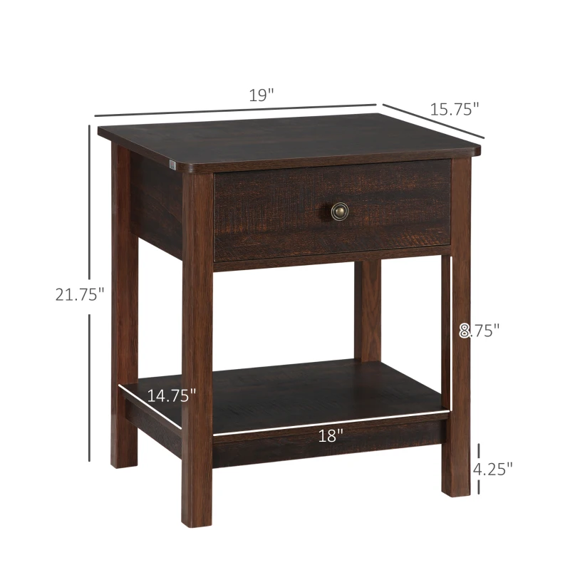 HOMCOM End Table with Drawer, Side Table with Top and Bottom Shelf for Small Spaces, Dark Brown