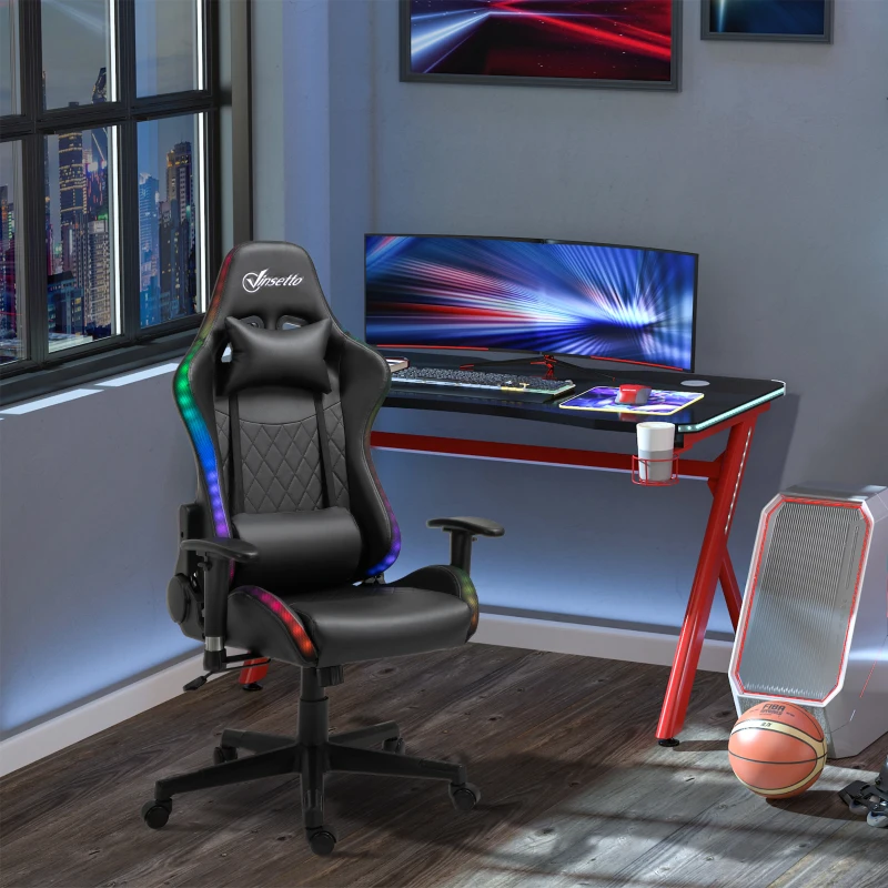 Vinsetto High Back Gaming Chair with RGB LED Lights, Adjustable Arms, and Lumbar Support, Racing Office Computer Chair with Head Pillow, Black