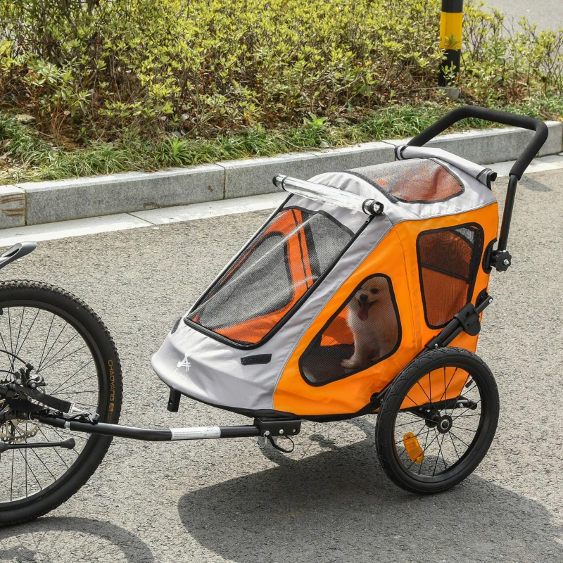 Aosom Dog Bike Trailer 2-In-1 Pet Stroller Cart Bicycle Wagon Cargo Carrier Attachment for Travel with 360 Swivel Wheel Reflectors Parking Brake Straps Cup Holder Orange