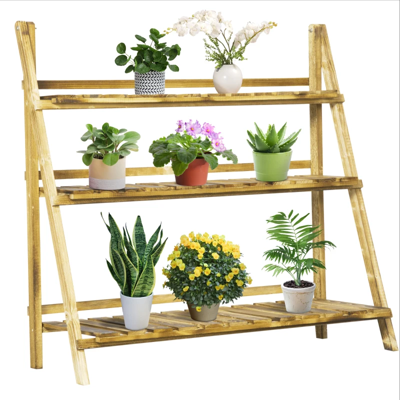 Outsunny Outdoor Plant Stand, Foldable Flower Stand 3-Tier Wooden Plant Shelf for Garden Indoor Outdoor, 32" x 14" x 37"