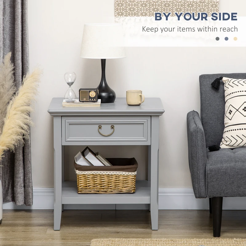 HOMCOM Retro Side Table, End Table with Storage Drawer and Open Shelf for Living Room, Bedroom, Gray