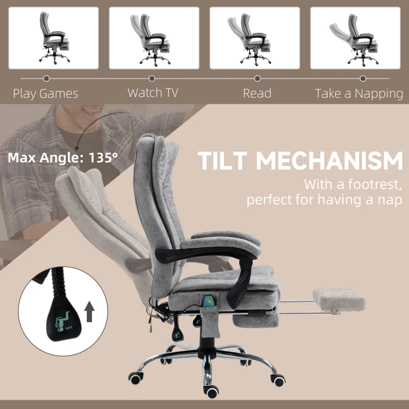 Vinsetto Office Chair 6-point Vibration Massage Chair Micro Fiber Recliner with Retractable Footrest Grey