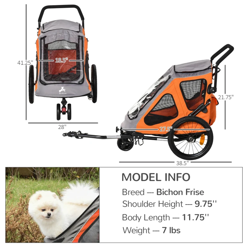 Aosom Dog Bike Trailer 2-In-1 Pet Stroller Cart Bicycle Wagon Cargo Carrier Attachment for Travel with 360 Swivel Wheel Reflectors Parking Brake Straps Cup Holder Orange