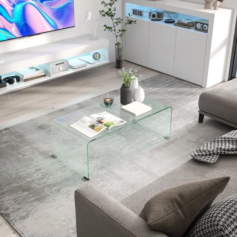 HOMCOM Glass Coffee Table, Clear Coffee Table for Living Room, Modern Rectangle Center Table with Safe Rounded Edges