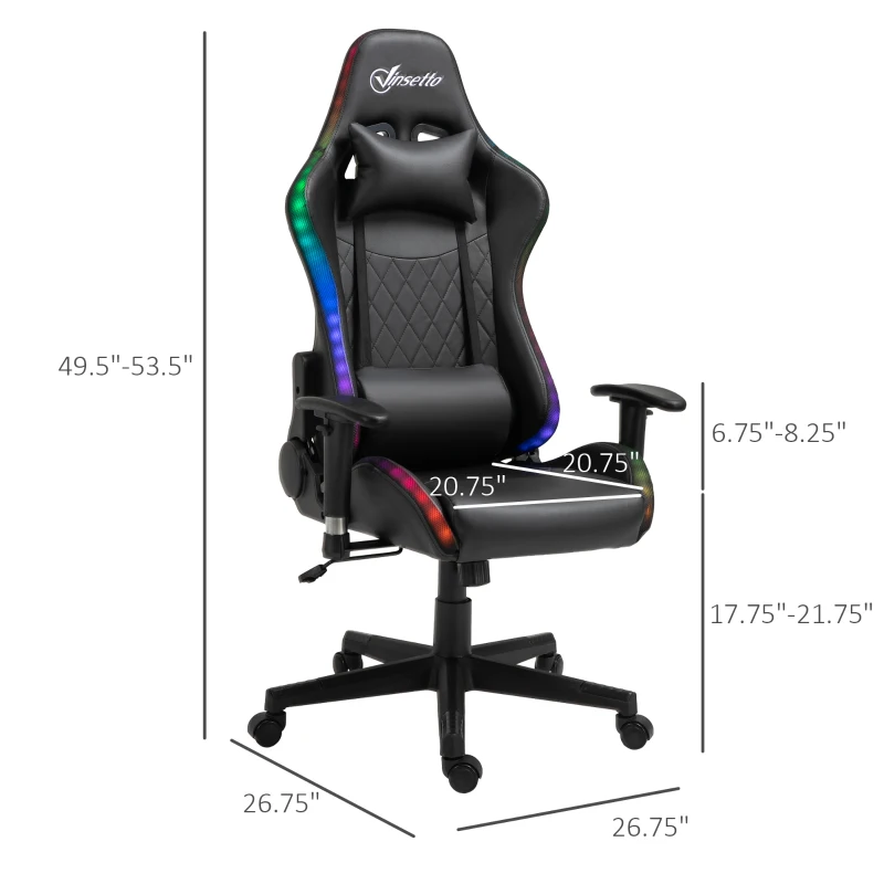 Vinsetto High Back Gaming Chair with RGB LED Lights, Adjustable Arms, and Lumbar Support, Racing Office Computer Chair with Head Pillow, Black