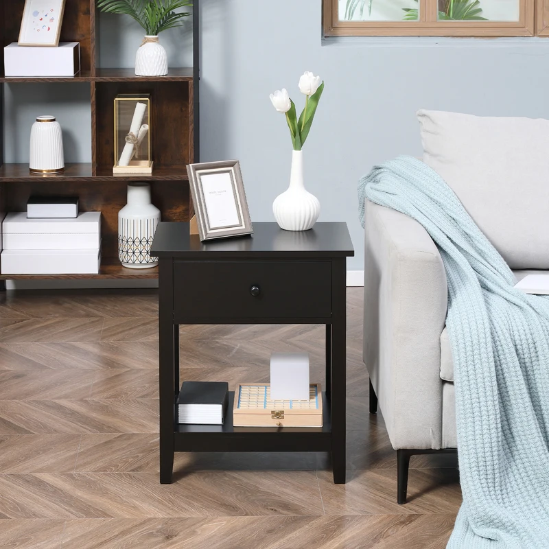 HOMCOM End Table, 2-tier Side Table with Drawer and Storage Shelf, Modern Sofa Side Table for Living Room, Black