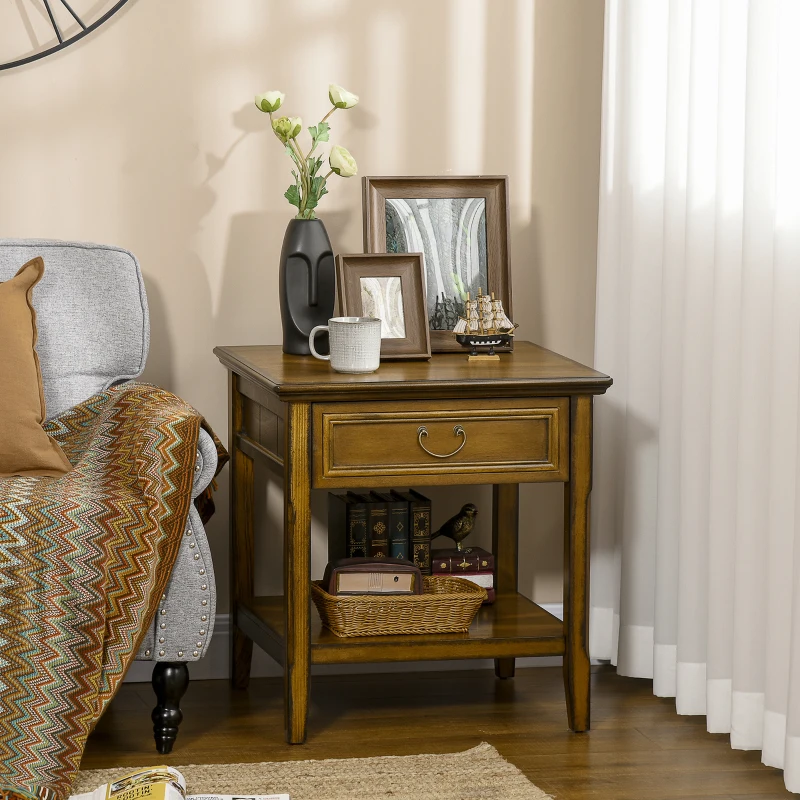 HOMCOM Retro Side Table, End Table with Storage Drawer and Open Shelf for Living Room, Bedroom, Dark Coffee