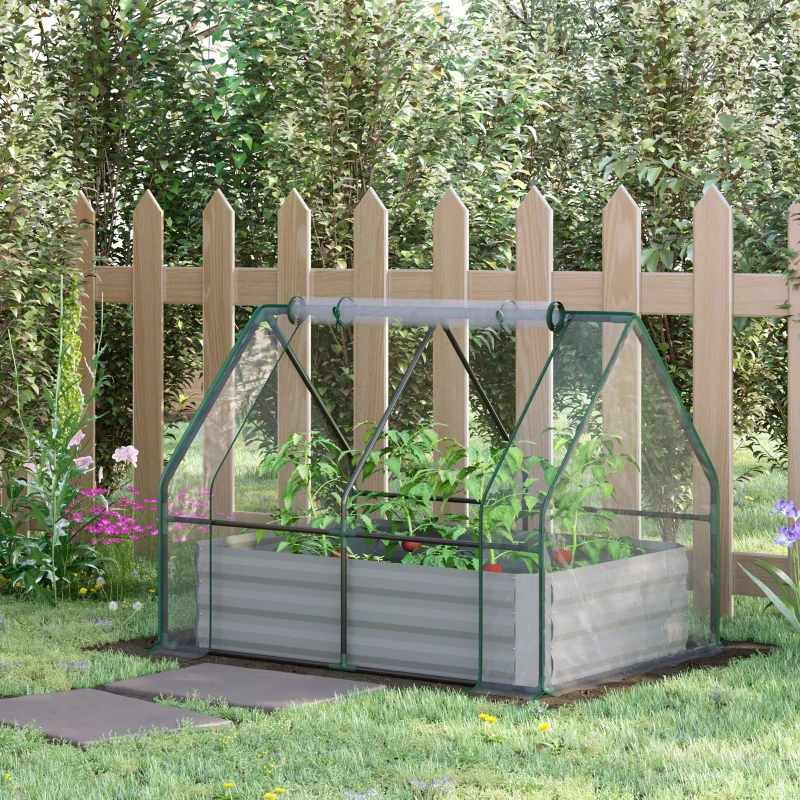 Outsunny Raised Garden Bed with Cover, Outdoor Galvanized Metal Planter Box Kit, 4 x 3 ft Mini Greenhouse with 2 Large Screen Windows, for Growing Flowers, Vegetables and Herbs, Clear