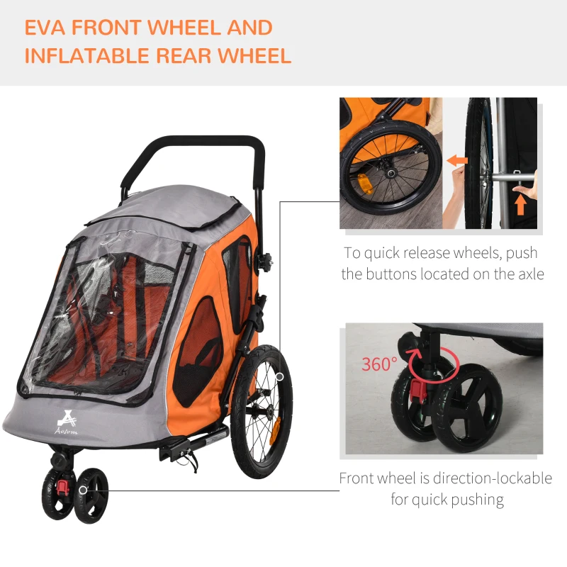 Aosom Dog Bike Trailer 2-In-1 Pet Stroller Cart Bicycle Wagon Cargo Carrier Attachment for Travel with 360 Swivel Wheel Reflectors Parking Brake Straps Cup Holder Orange