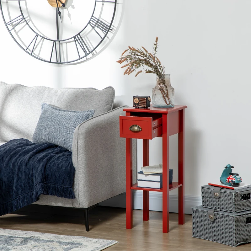 HOMCOM 2-Tier Side Table with Drawer and Shelf, End Table for Living Room and Hallway, Red