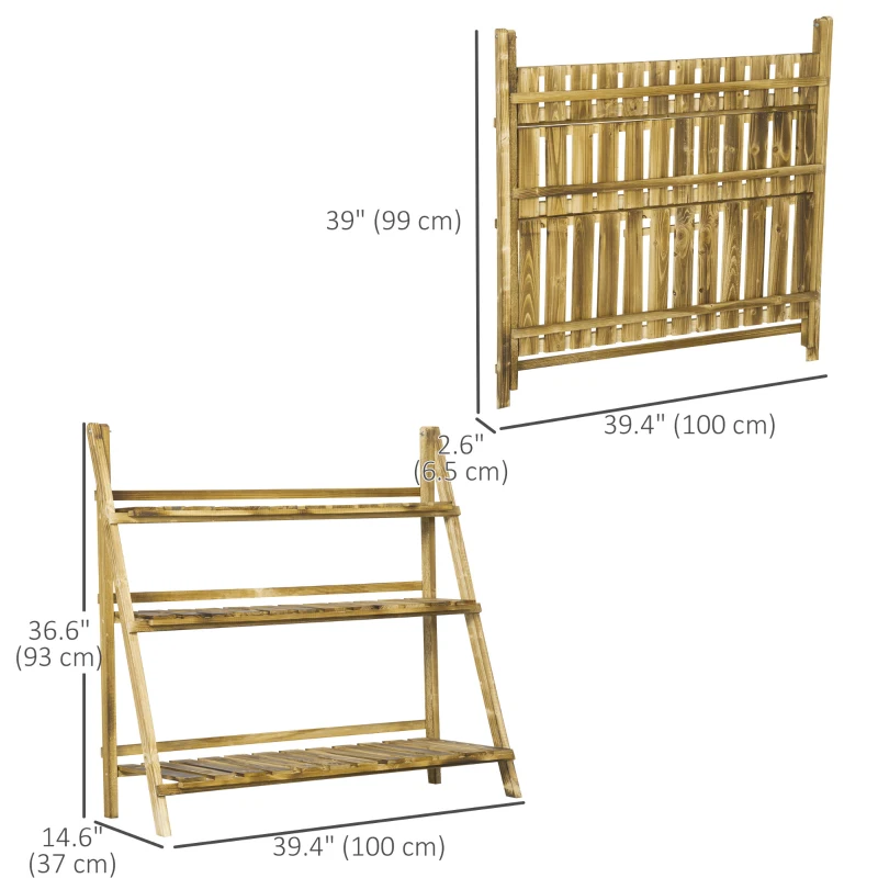 Outsunny Outdoor Plant Stand, Foldable Flower Stand 3-Tier Wooden Plant Shelf for Garden Indoor Outdoor, 32" x 14" x 37"
